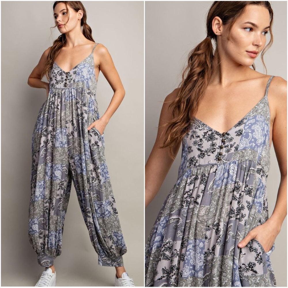 ee:some Blue & Gray Patchwork Spaghetti-Strap Jumpsuit with pockets